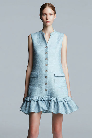 A Line V-Neck Short Sky Blue Work Dress with Ruffles